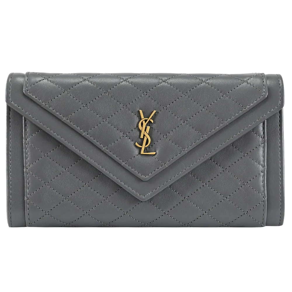 【YSL】經典字母LOGO菱格縫線小羊皮信封扣式發財零錢長夾(深灰)