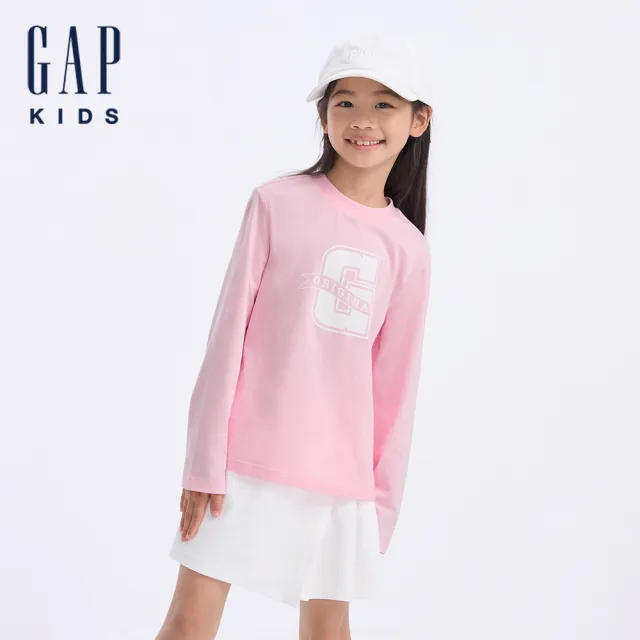 【GAP】兒童裝 Logo純棉印花圓領長袖T恤-粉色(617597)