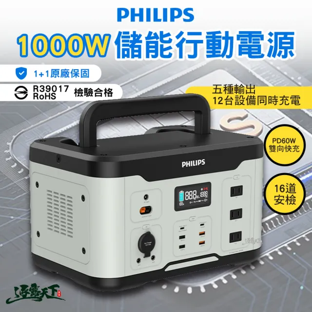 【PHILIPS 飛利浦廚房家電】1000W儲能行動電源(行動電源 儲能 充電 可攜式 照明 露營 逐露天下)