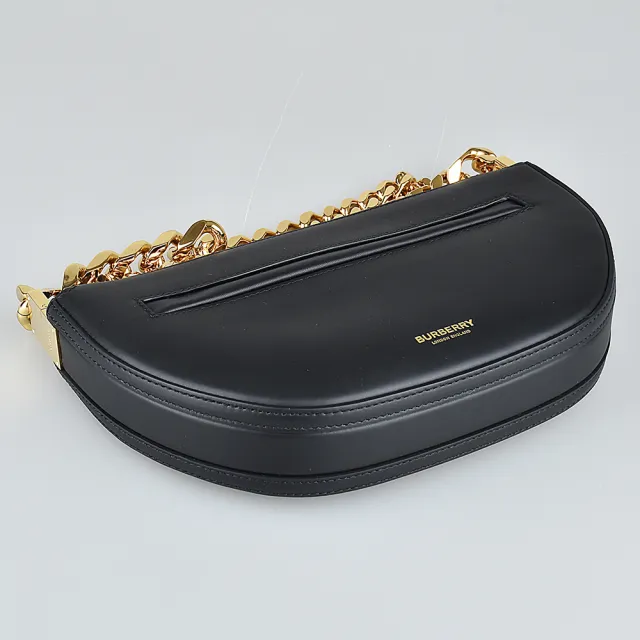 【BURBERRY 巴寶莉】BURBERRY OLYMPIA LOGO拉鍊小牛皮前拉鍊造型肩背半月包(迷你/黑)