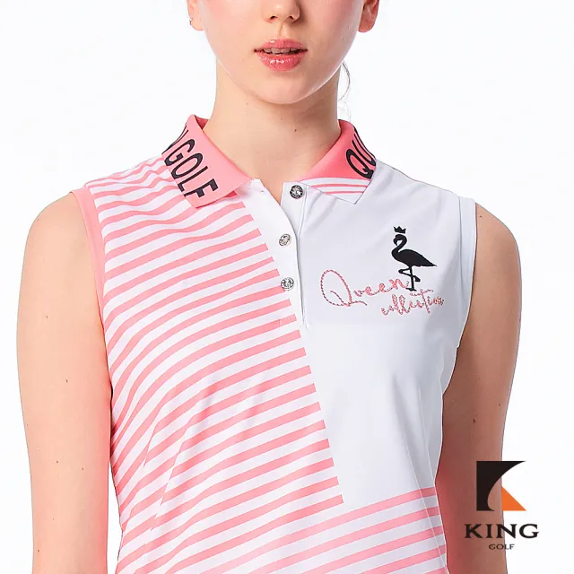 【KING GOLF】實體同步款-女款撞色領口斜條紋燙鑽透氣涼感開襟背心連身裙/高爾夫洋裝(粉色)