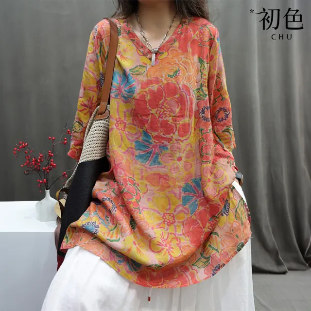 【初色】棉麻休閒寬版中長款印花上衣女上衣-9款任選-35792(M-2XL可選)