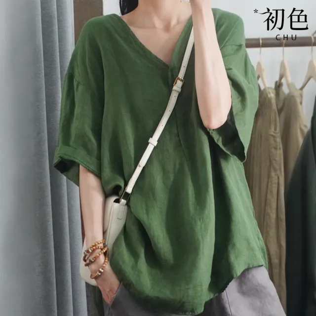 【初色】棉麻休閒寬版中長款印花上衣女上衣-9款任選-35792(M-2XL可選)
