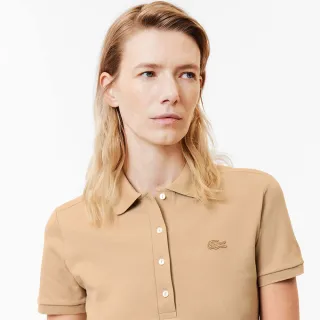 【LACOSTE】女裝-L.12.D 修身彈性迷你網眼短袖Polo衫(卡其色)