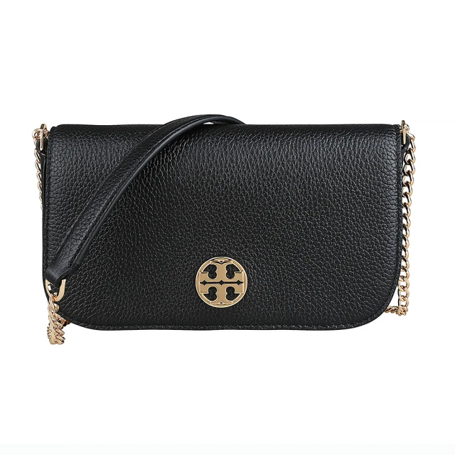 TORY BURCH TORY BURCH Chelsea簡潔圓形立體雙TLOGO荔枝紋設計牛皮6卡吸扣翻蓋小斜背包(黑)