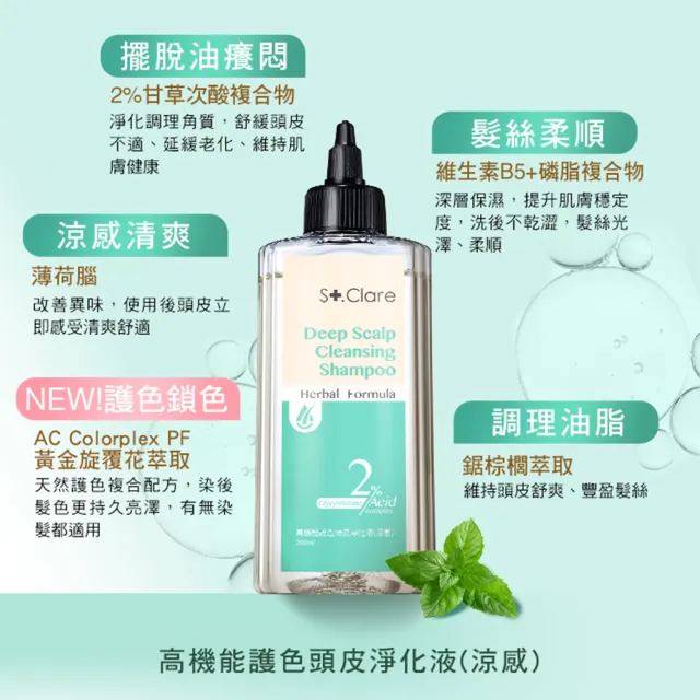 【St.Clare 聖克萊爾】高機能護色頭皮淨化液200ml+頭皮調理噴霧100ml(涼感淨化液)