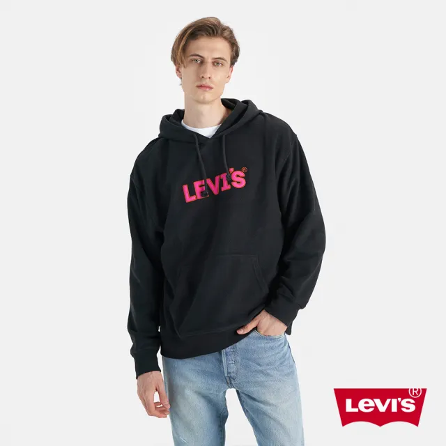 【LEVIS 官方旗艦】男 寬鬆版重磅口袋帽T/高密度膠印粉紅Logo/400GSM厚棉 魚子黑 熱賣單品 38479-0250(52)