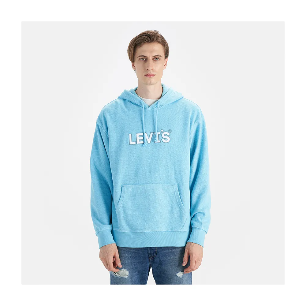 【LEVIS 官方旗艦】男 寬鬆版重磅口袋帽T/精工刺繡徽章海報體Logo/400GSM厚棉 海洋藍 熱賣單品 38479-0249