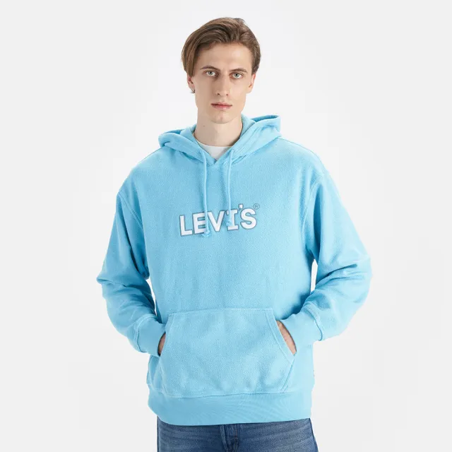 【LEVIS 官方旗艦】男 寬鬆版重磅口袋帽T/精工刺繡徽章海報體Logo/400GSM厚棉 海洋藍 熱賣單品 38479-0249