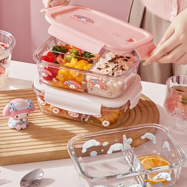 【SANRIO 三麗鷗】大耳狗凱蒂貓美樂蒂2格玻璃保鮮盒便當盒(可微波)