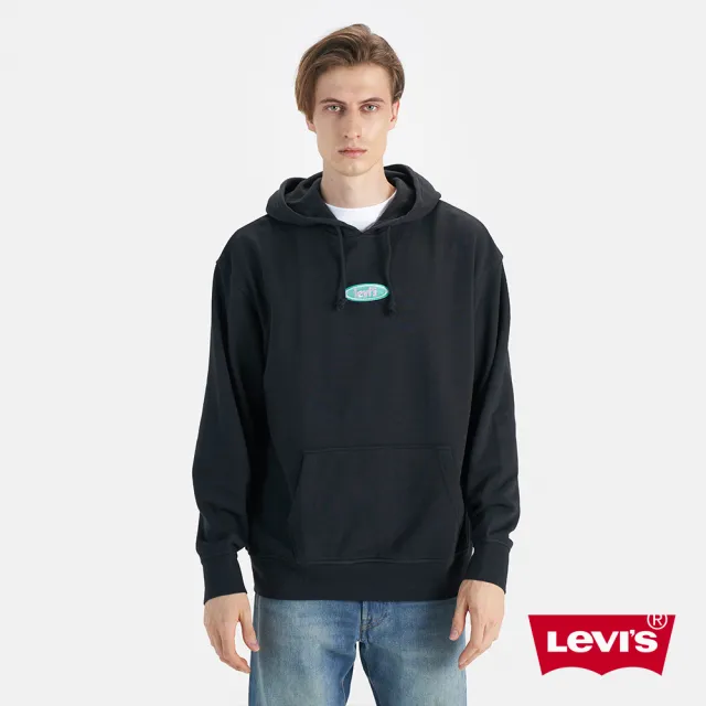 【LEVIS 官方旗艦】男款 寬鬆版連帽大學T / 經典黑 / 藍色橢圓美式LOGO 熱賣單品 38479-0224