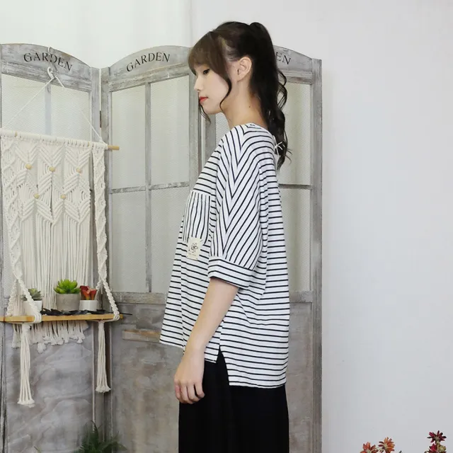 【Hana Mokuba】花木馬日系女裝前短後長寬鬆休閒條紋T恤(T恤)