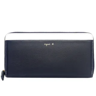 【agnes b.】VOYAGE 高質感撞色牛皮革拉鍊長夾(白&深藍)