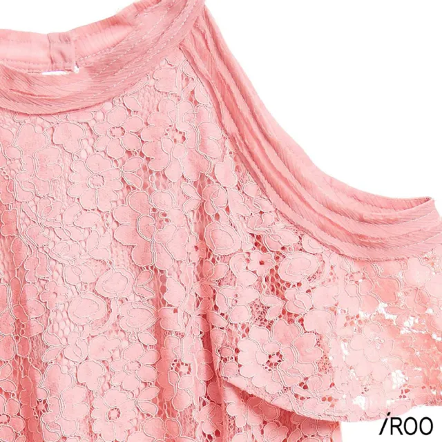 【iROO】粉蕾絲削肩華麗短禮服