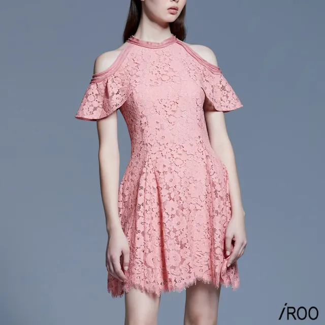 【iROO】粉蕾絲削肩華麗短禮服