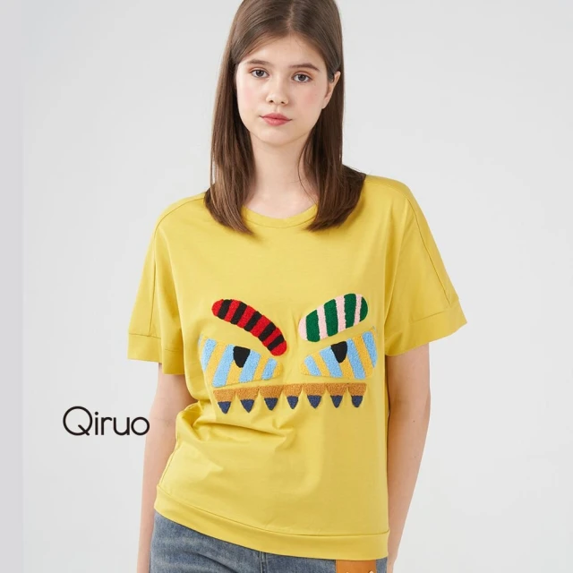 Qiruo 奇若名品 春夏專櫃黃色上衣8767A 彩色圖案時尚女裝(M-2XL)