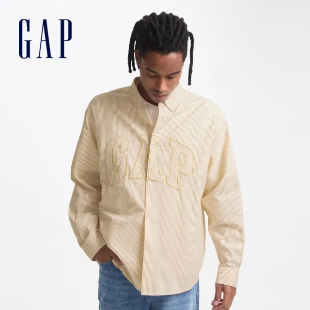 【GAP】男女同款 Logo純棉翻領長袖襯衫-黃色條紋(461250)