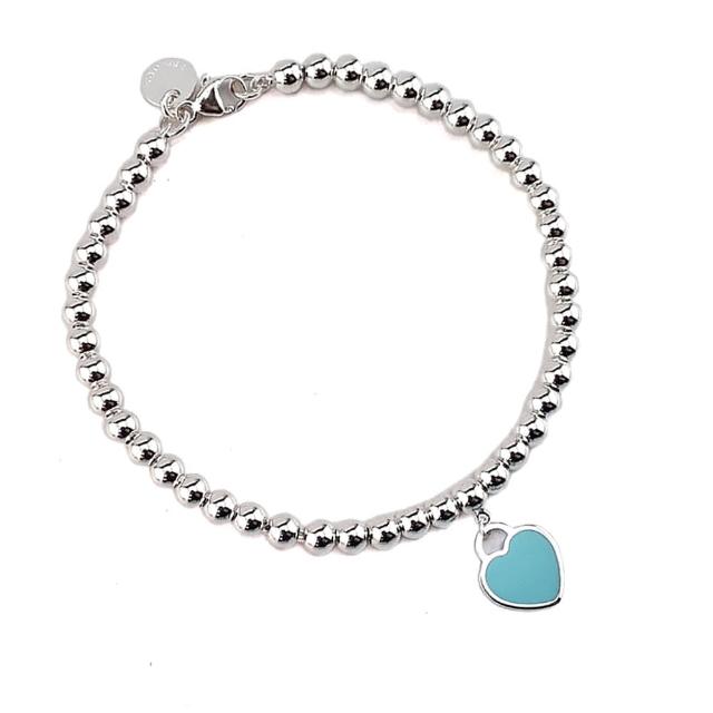 【Tiffany&Co. 蒂芙尼】Return To Tiffany 925純銀刻字圓牌鑲藍瓷愛心墜飾珠珠手鍊