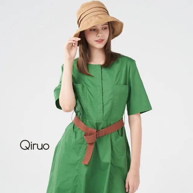 【Qiruo 奇若名品】棉質時尚排扣 五分袖加腰帶 墨蘭綠洋裝2128F休閒款