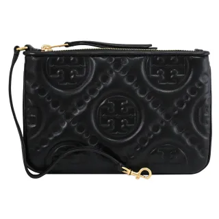 【TORY BURCH】經典雙TLOGO壓紋皮革可勾掛手提包手拿包萬用包(黑)