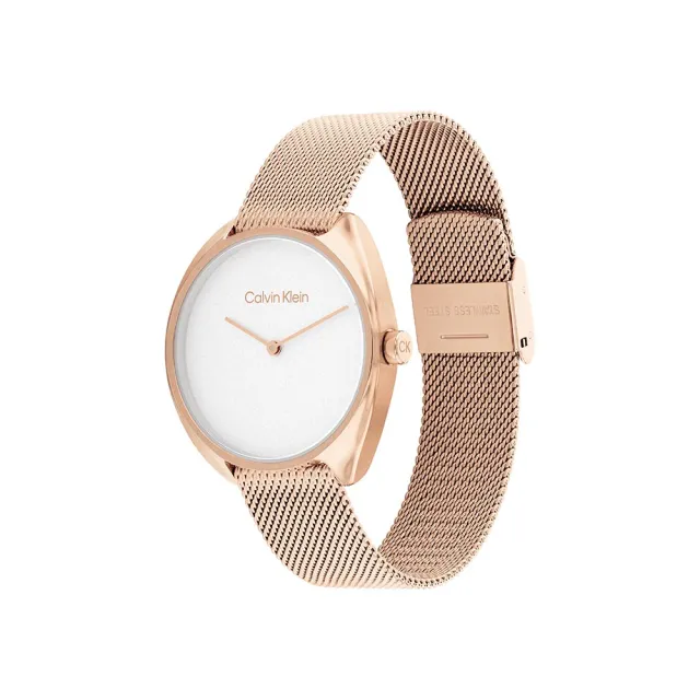 【Calvin Klein 凱文克萊】CK 時尚簡約 玫瑰金 銀面 34mm 米蘭錶帶 腕錶(25200270)
