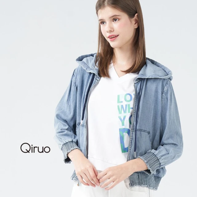 Qiruo 奇若名品 春夏專櫃藍色牛仔連帽外套3041E 休閒旅遊款(M-2XL)