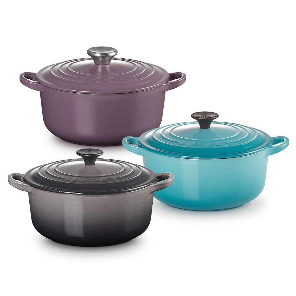 【Le Creuset】琺瑯鑄鐵鍋圓鍋 20cm(水晶紫/加勒比海藍/燧石灰)