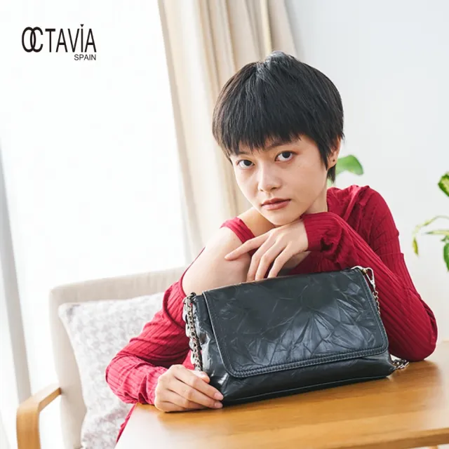 【OCTAVIA 8】雙11 OCTAVIA8 真皮- 大女子II 金屬色粗鍊條翻蓋造型肩背包 - 享受黑(OCTAVIA 8 20