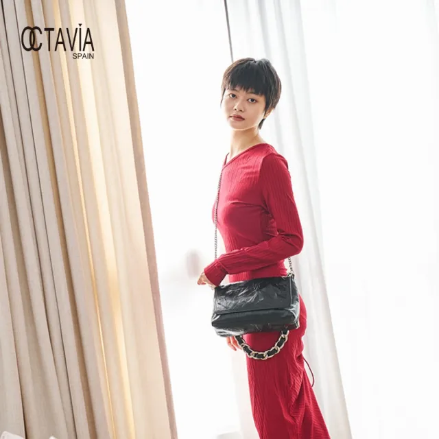 【OCTAVIA 8】OCTAVIA8 真皮- 大女子II 金屬色粗鍊條翻蓋造型肩背包 - 享受黑(OCTAVIA 8 20