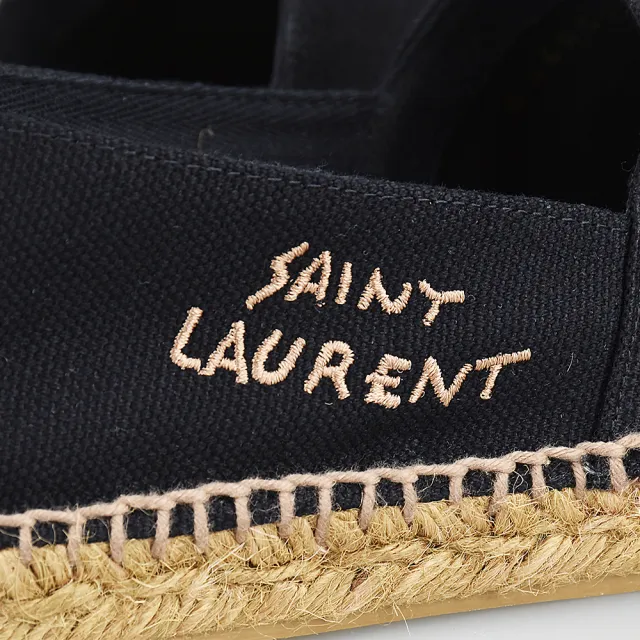 【YSL】YSL SAINT LAURENT刺繡LOGO帆布拼接黃麻草編平底鞋(男款/黑)