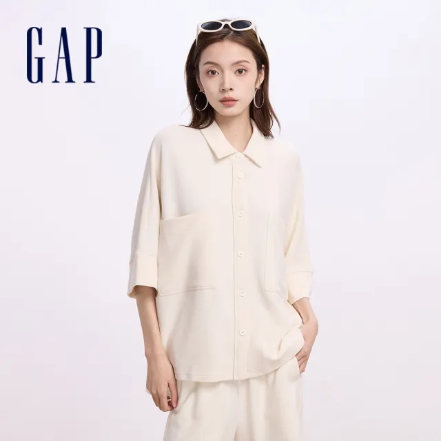 【GAP】女裝 Logo翻領短袖襯衫-米色(638888)