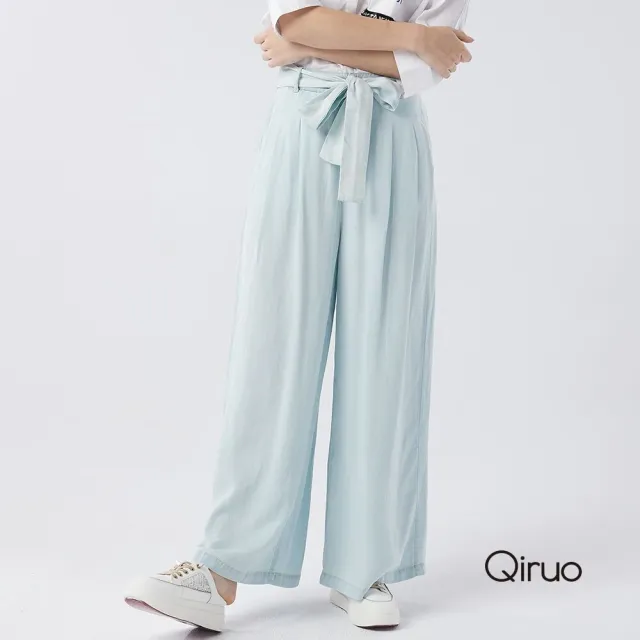 【Qiruo 奇若名品】棉質布料滑順水藍色 蝴蝶結寬褲2067C