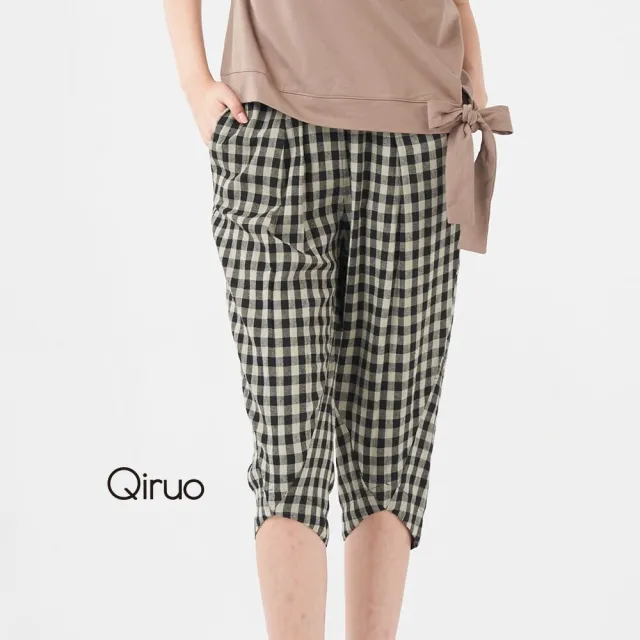 【Qiruo 奇若名品】棉麻質感 後鬆緊腰 雙色格紋腳圍縮口七分休閒褲3031C