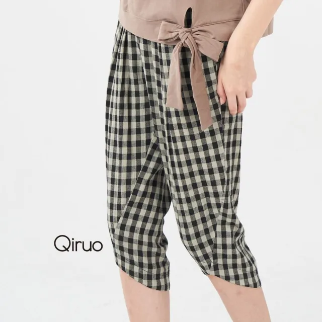 【Qiruo 奇若名品】棉麻質感 後鬆緊腰 雙色格紋腳圍縮口七分休閒褲3031C