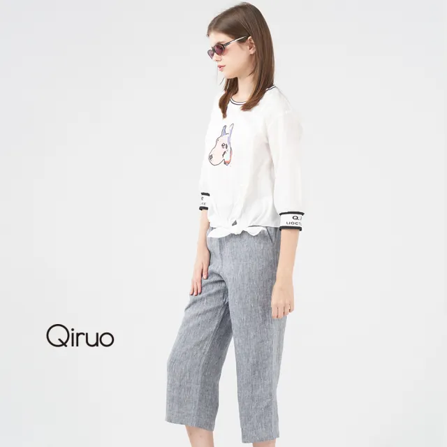 【Qiruo 奇若名品】棉麻細格 鬆緊腰筆直長褲七分休閒褲3061C