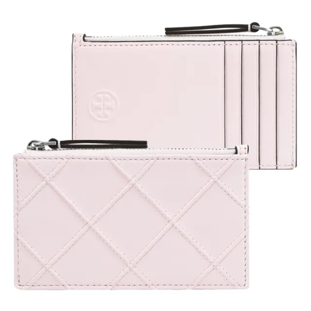 【TORY BURCH】簡約雙T菱格車線信用卡證件名片零錢包(淡粉)