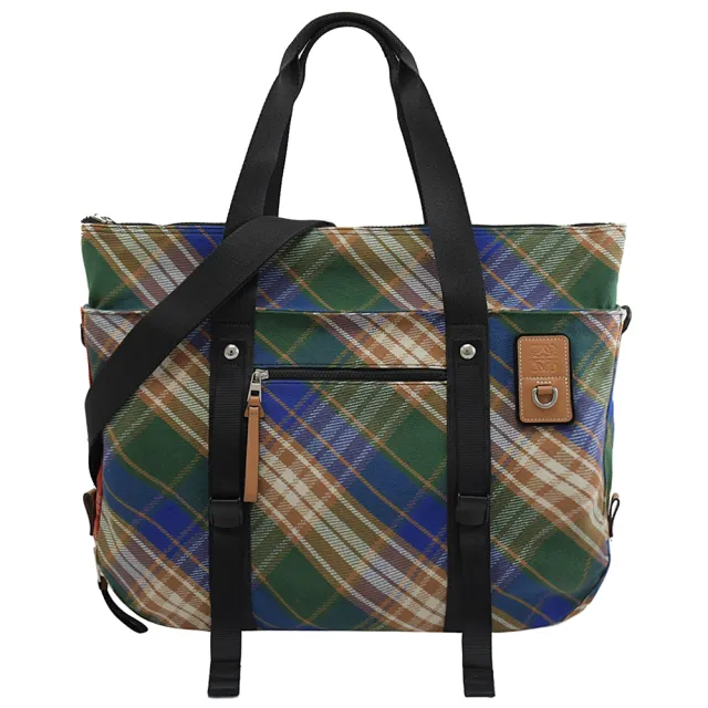 【LOEWE 羅威】品牌徽章LOGO雙面雙色格紋肩斜兩用托特包購物包
