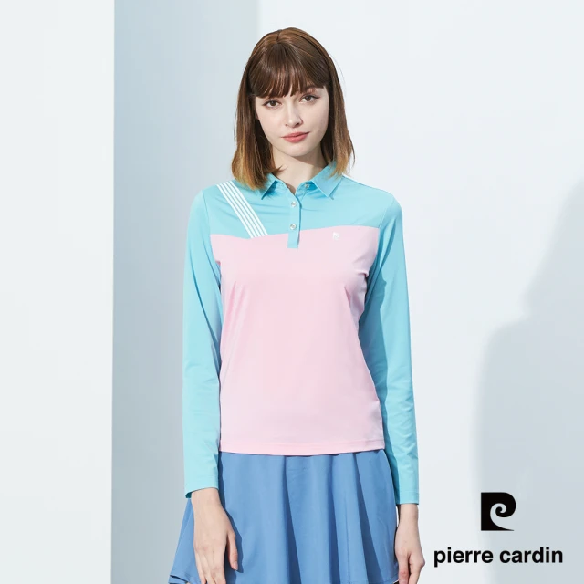 pierre cardin 皮爾卡登 網路獨家 女款 吸濕排汗胸前印花長袖POLO衫-粉藍色(4215202-35)