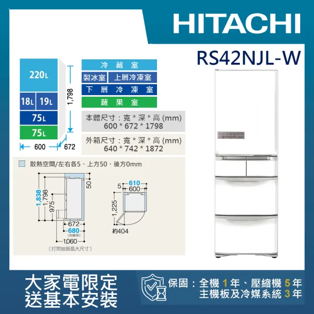 【HITACHI 日立】407L一級能效日製變頻五門左開冰箱(RS42NJL-W)