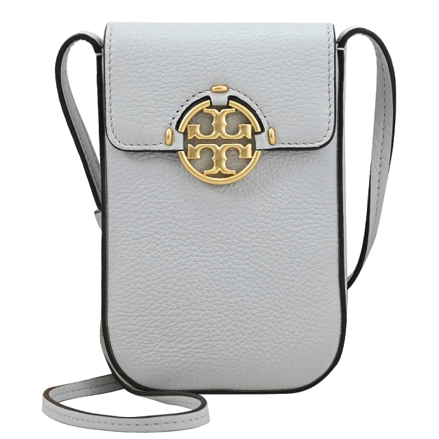 TORY BURCH 簡約金屬雙T LOGO荔枝皮革翻蓋手機包斜背包(淺灰)