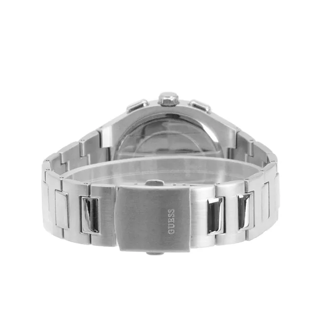 【GUESS】銀框 藍面 三眼日期顯示 圓角方型 不鏽鋼錶帶 男錶 手錶 聖誕禮(GW0572G1)
