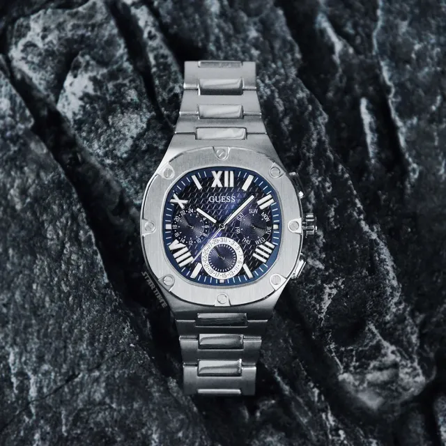 【GUESS】銀框 藍面 三眼日期顯示 圓角方型 不鏽鋼錶帶 男錶 手錶 情人節(GW0572G1)