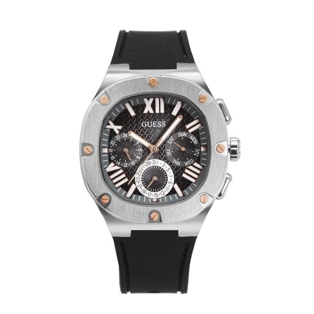 【GUESS】銀框 黑面 三眼日期顯示 圓角方型 黑色矽膠錶帶 男錶 石英錶 雙11(GW0571G1)