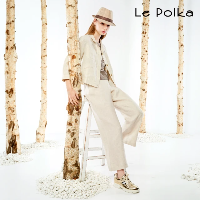 Le Polka 腰鬆緊簡約微寬鬆麻料長褲-女