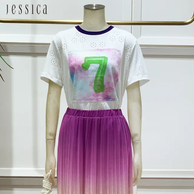 【JESSICA】休閒鏤空數字繡花短袖T恤243602(紫)