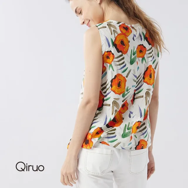 【Qiruo 奇若名品】印染橘花柔軟棉質下擺雙邊綁蝴蝶結 背心上衣8002D