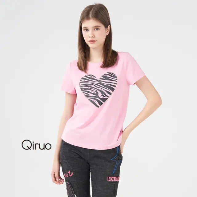 【Qiruo 奇若名品】純棉短袖小圓領愛心圖案粉色上衣1207A
