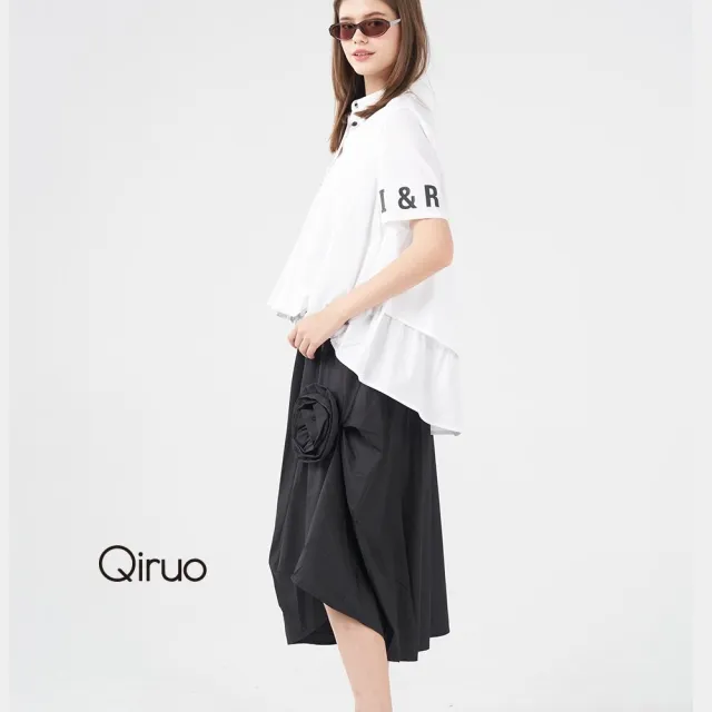 【Qiruo 奇若名品】抓皺花朵 側邊不規則抓花黑色造型裙8233B