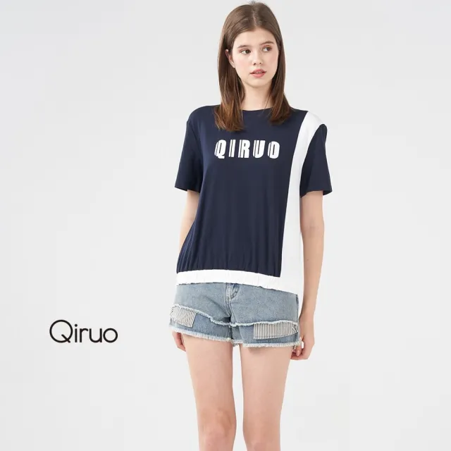 【Qiruo 奇若名品】雙布料棉T 下擺彈性縮口 藍白相間英文字母上衣 8227A