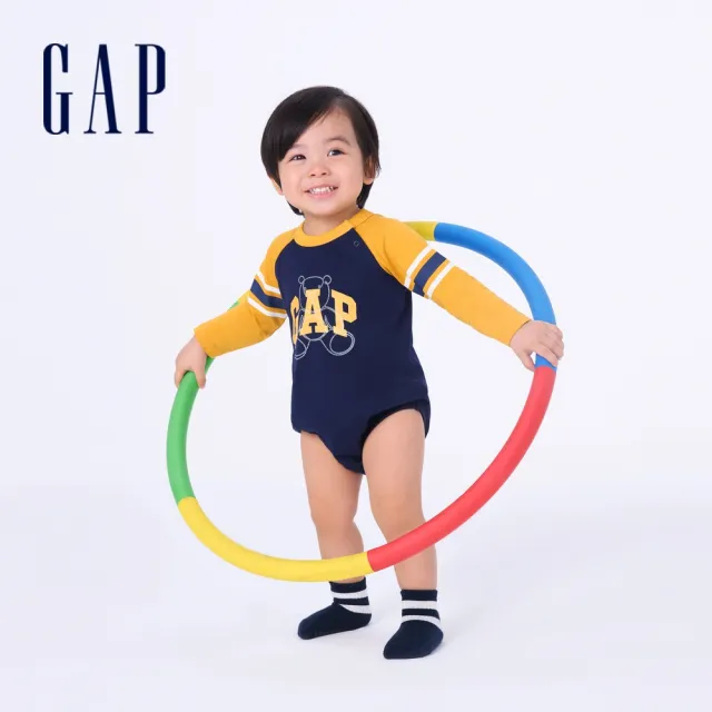 【GAP】嬰兒裝 Logo純棉印花小熊圓領長袖包屁衣-多款任選(644691&643216)